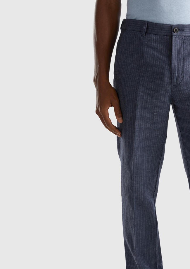  Erkek İndigo Keten Karışımlı Cebi Biyeli Pantolon