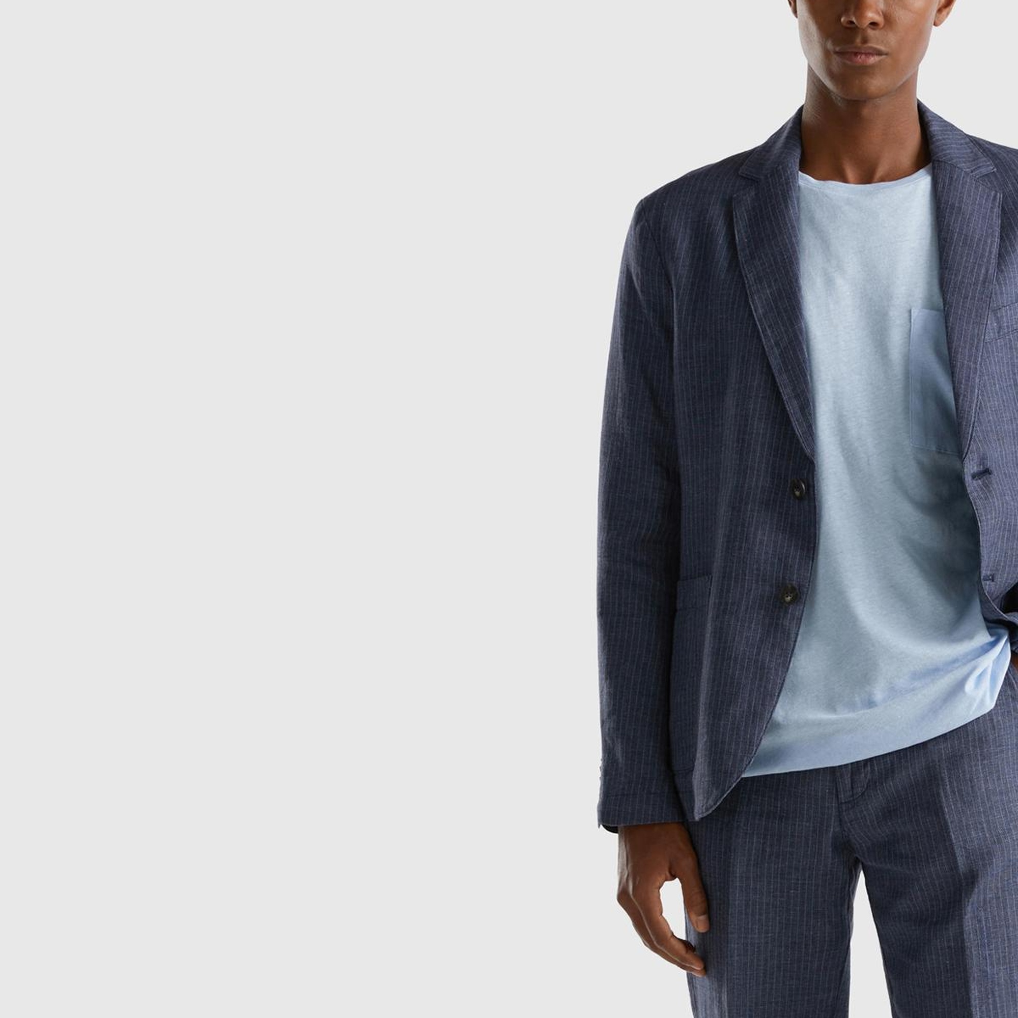 Erkek İndigo Keten Karışımlı Cebi Biyeli Pantolon