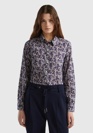  Kadın Lacivert Mix %100 Koton Desenli Gömlek