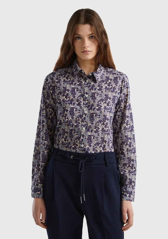  Kadın Lacivert Mix %100 Koton Desenli Gömlek