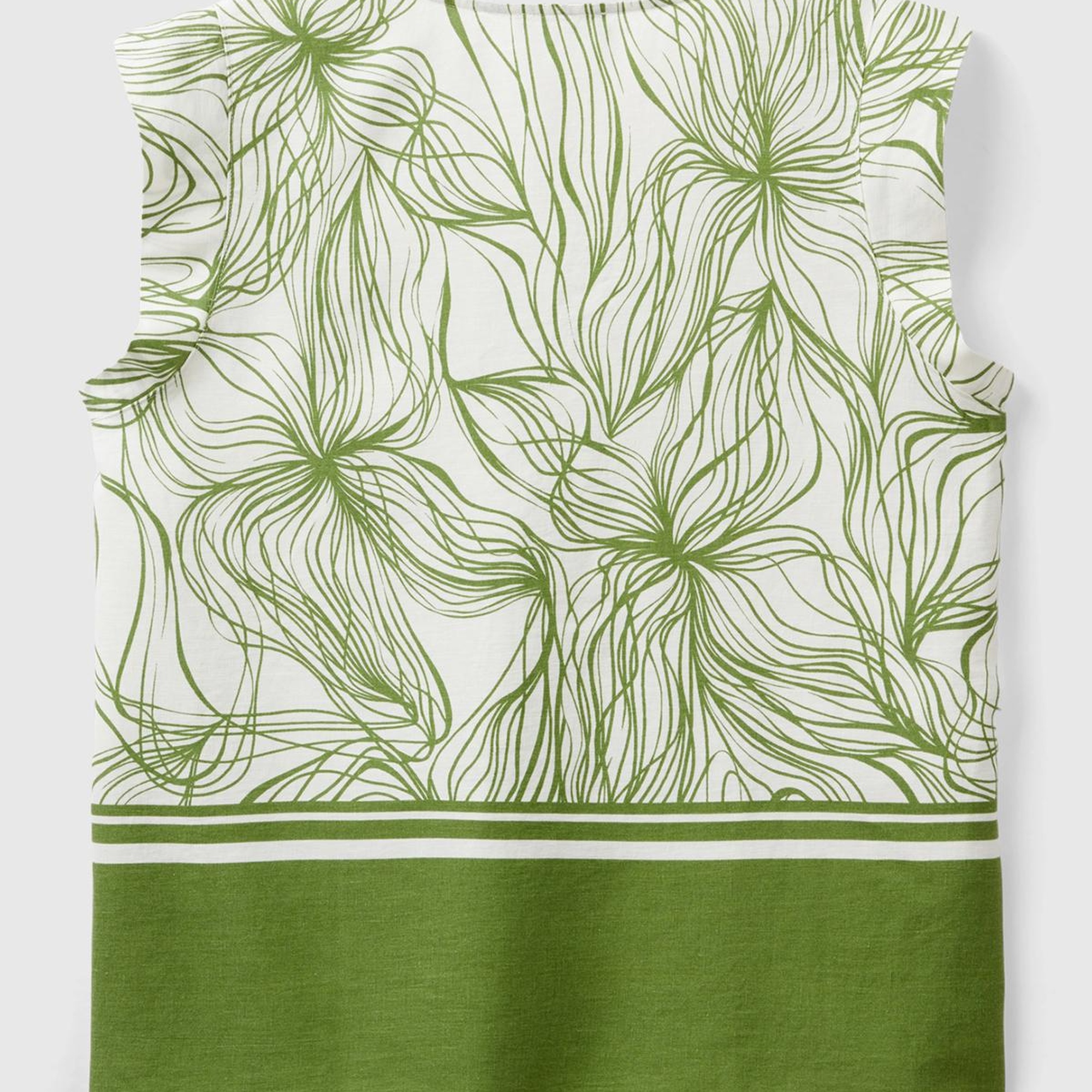 Kadın Yeşil Mix Liyosel ve Keten Karışımlı Baskılı Düz Kesim V Yaka Bluz