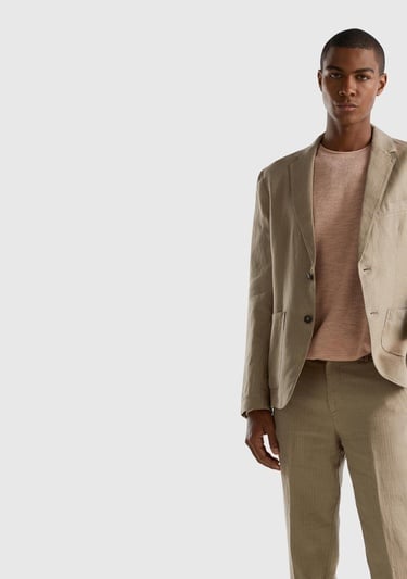  Erkek Bej Keten Karışımlı Cebi Biyeli Pantolon