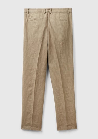  Erkek Bej Keten Karışımlı Cebi Biyeli Pantolon
