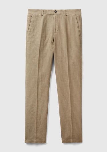  Erkek Bej Keten Karışımlı Cebi Biyeli Pantolon