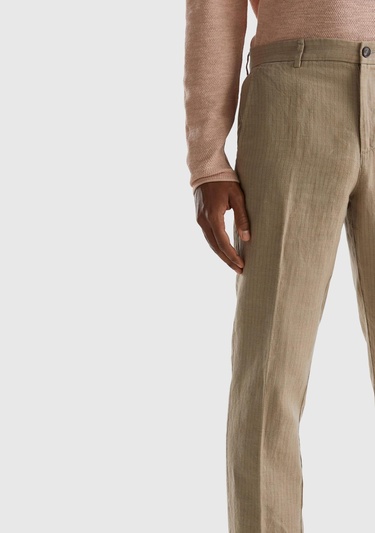  Erkek Bej Keten Karışımlı Cebi Biyeli Pantolon