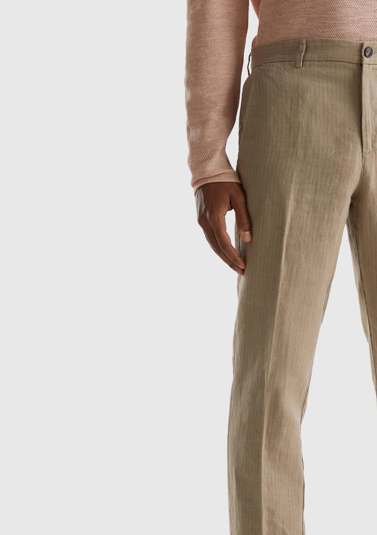  Erkek Bej Keten Karışımlı Cebi Biyeli Pantolon