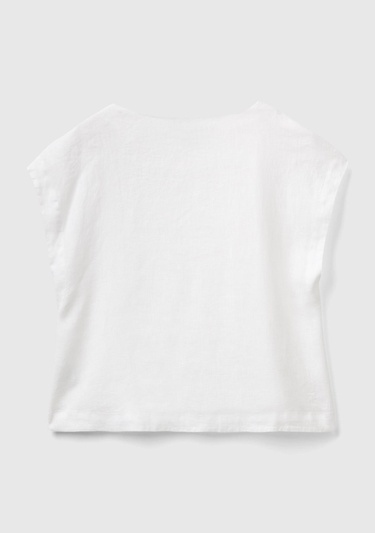  Kadın Beyaz %100 Keten Arkası Uzun Kayık Yaka Crop Bluz