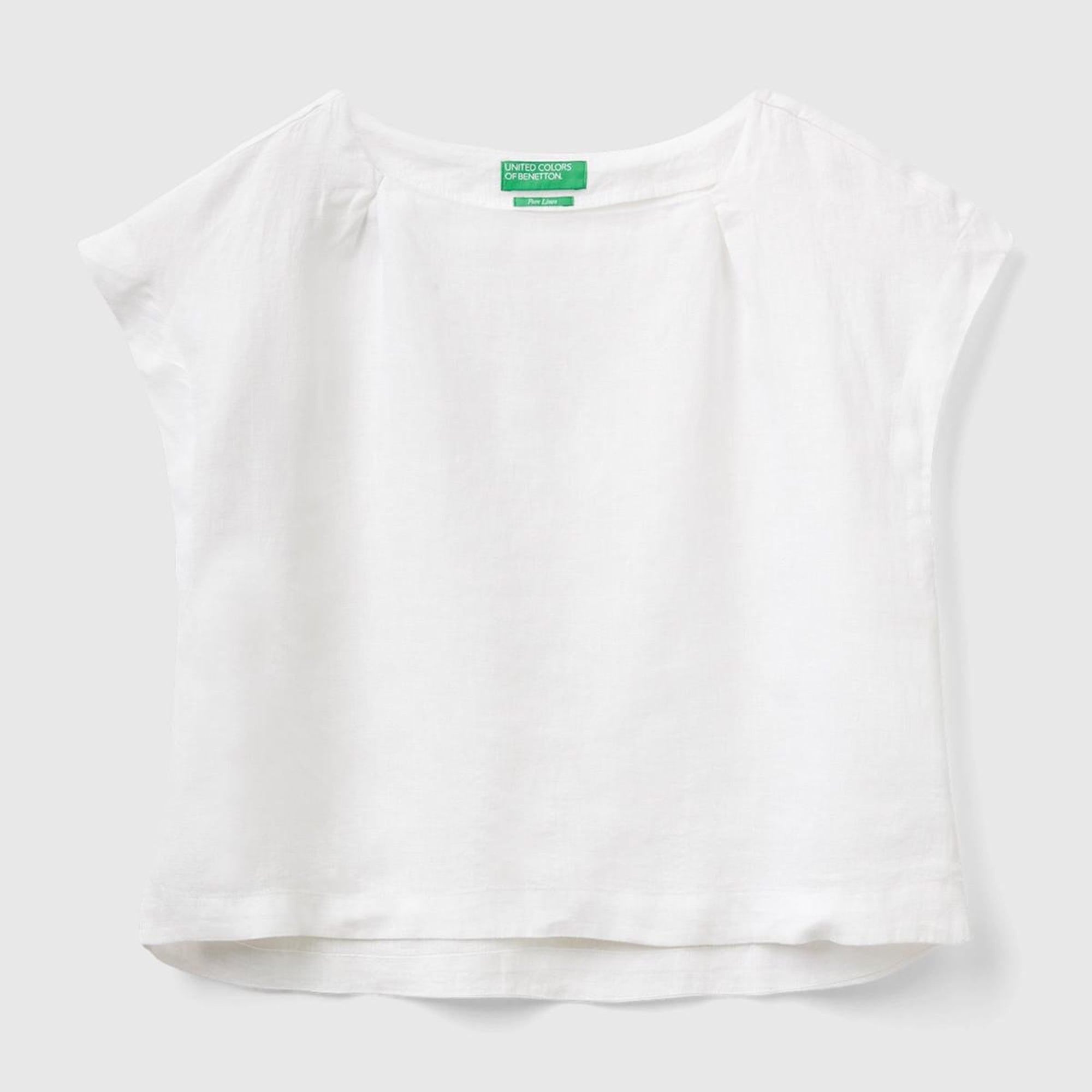 Kadın Beyaz %100 Keten Arkası Uzun Kayık Yaka Crop Bluz