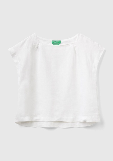  Kadın Beyaz %100 Keten Arkası Uzun Kayık Yaka Crop Bluz