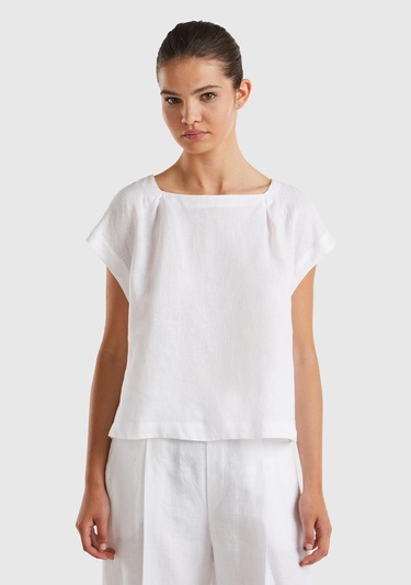  Kadın Beyaz %100 Keten Arkası Uzun Kayık Yaka Crop Bluz