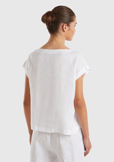  Kadın Beyaz %100 Keten Arkası Uzun Kayık Yaka Crop Bluz
