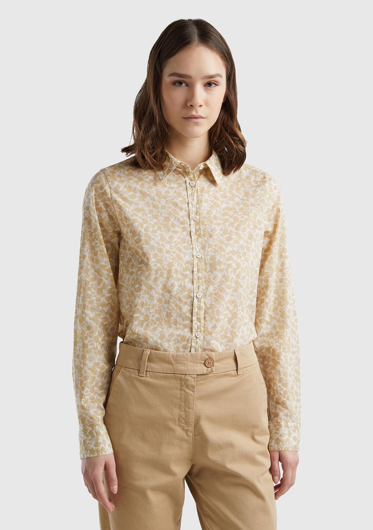  Kadın Bej Mix %100 Koton Desenli Gömlek