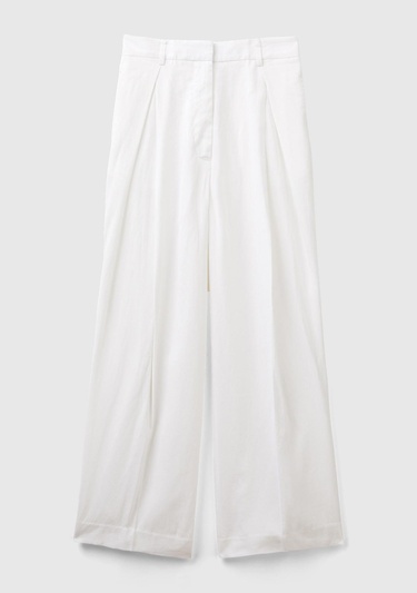  Kadın Beyaz Liyosel ve Keten Karışımlı Önü Pilili Pantolon