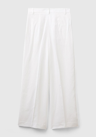  Kadın Beyaz Liyosel ve Keten Karışımlı Önü Pilili Pantolon