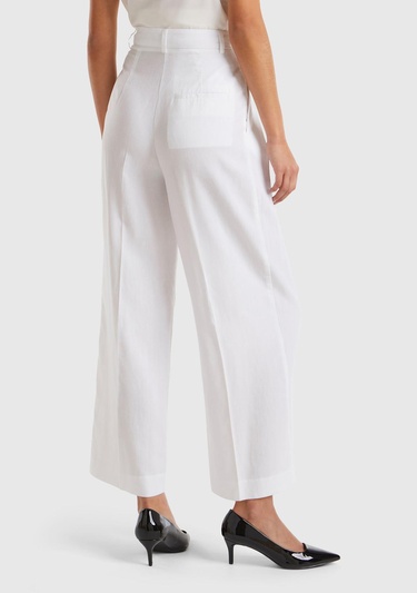  Kadın Beyaz Liyosel ve Keten Karışımlı Önü Pilili Pantolon