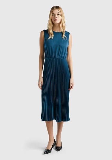  Kadın Petrol Mavisi Önü Detaylı Sıfır Kol Bisiklet Yaka Uzun Elbise