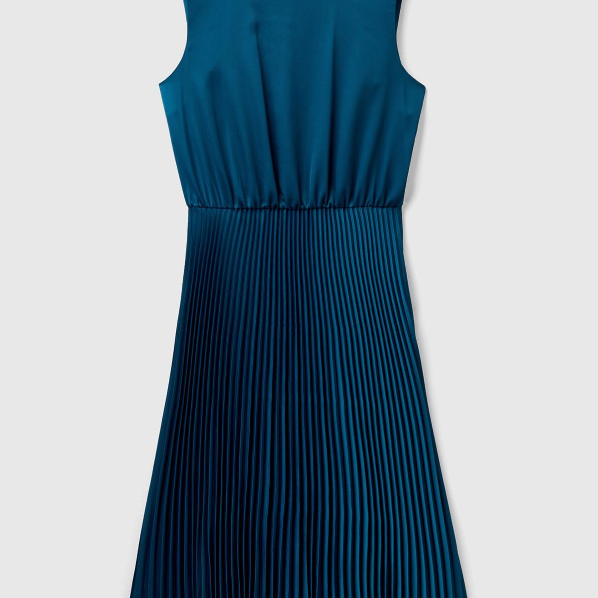 Kadın Petrol Mavisi Önü Detaylı Sıfır Kol Bisiklet Yaka Uzun Elbise