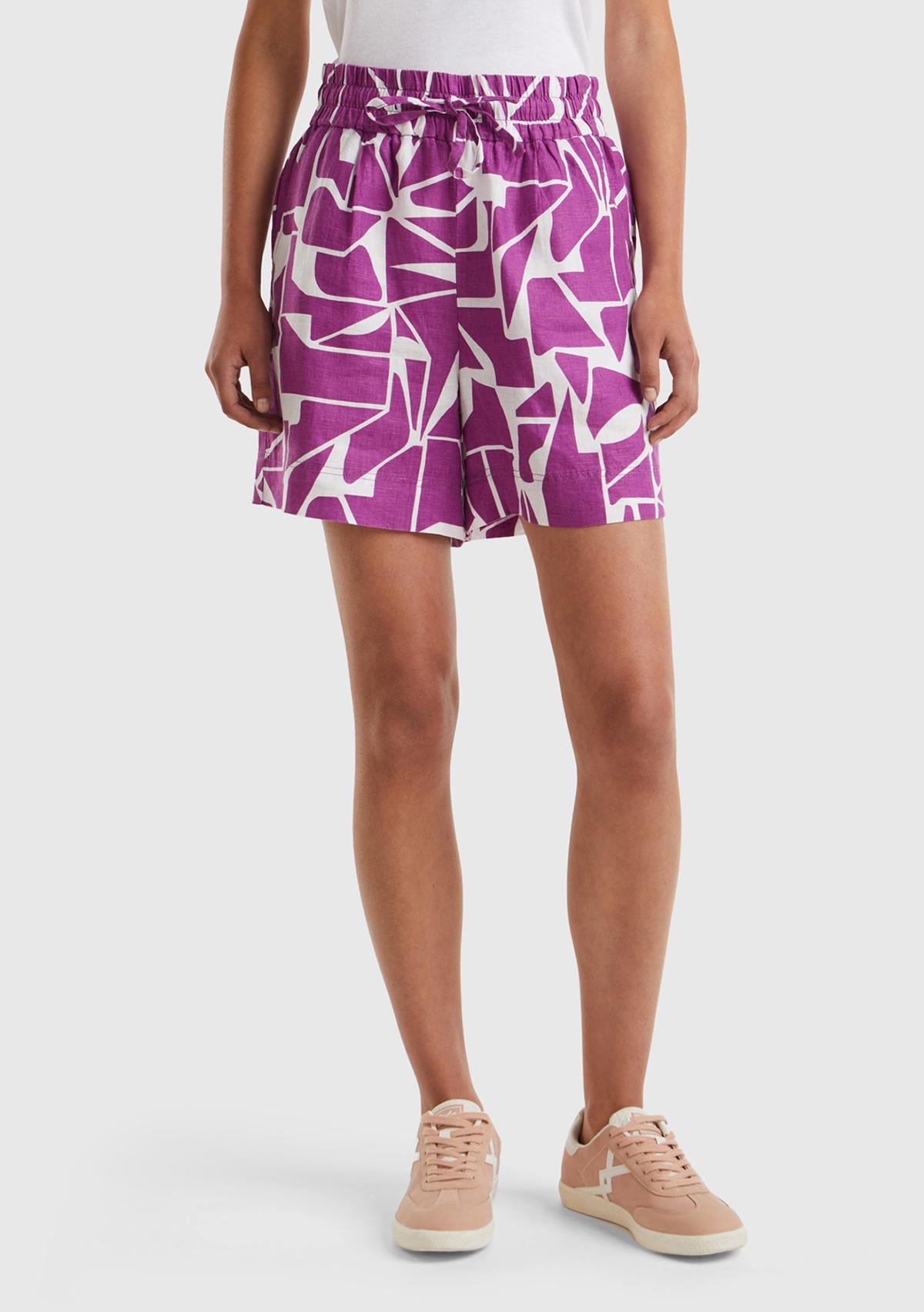  Kadın Mor %100 Keten Tamamı Desenli Beli Bağlamalı Şort