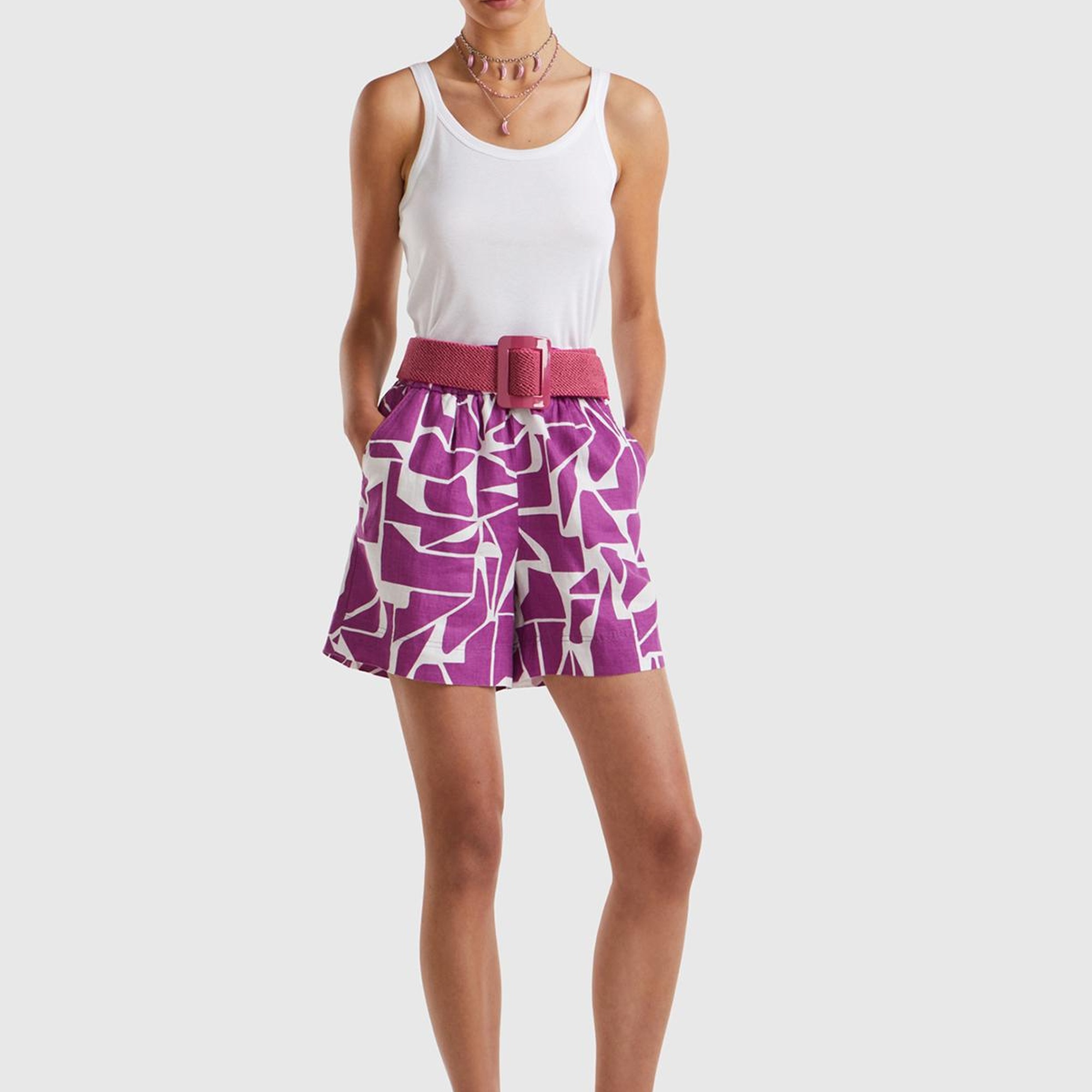 Kadın Mor %100 Keten Tamamı Desenli Beli Bağlamalı Şort