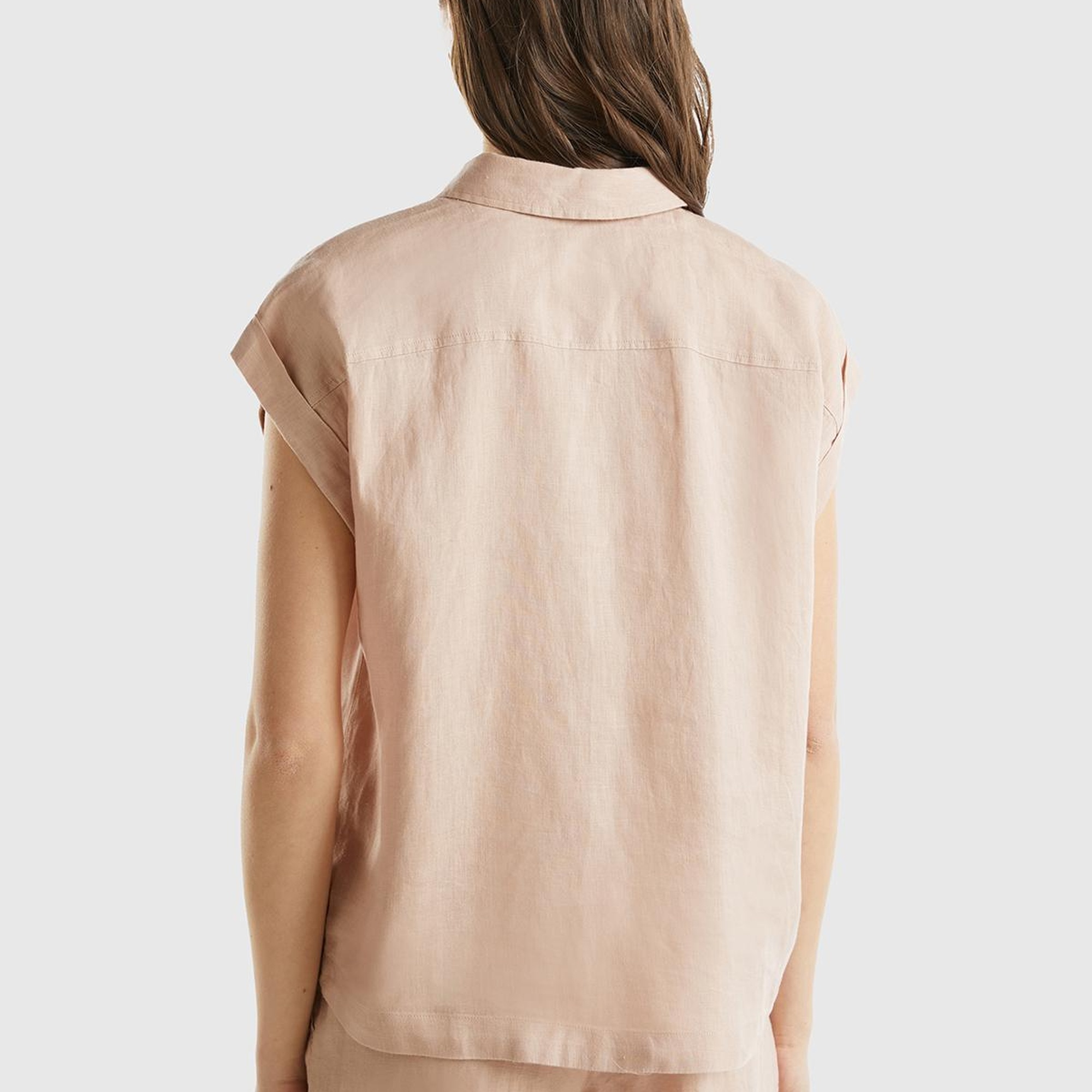 Kadın Pudra %100 Keten Omuz Detaylı Kısa Kollu Gömlek