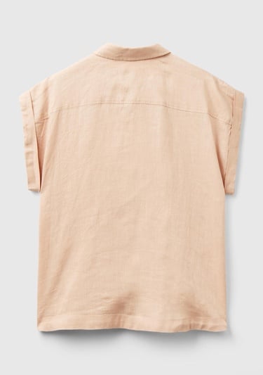  Kadın Pudra %100 Keten Omuz Detaylı Kısa Kollu Gömlek