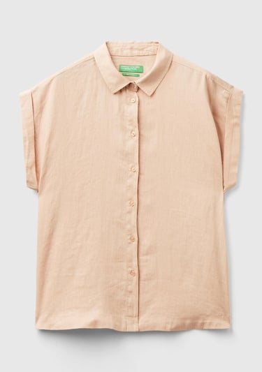  Kadın Pudra %100 Keten Omuz Detaylı Kısa Kollu Gömlek