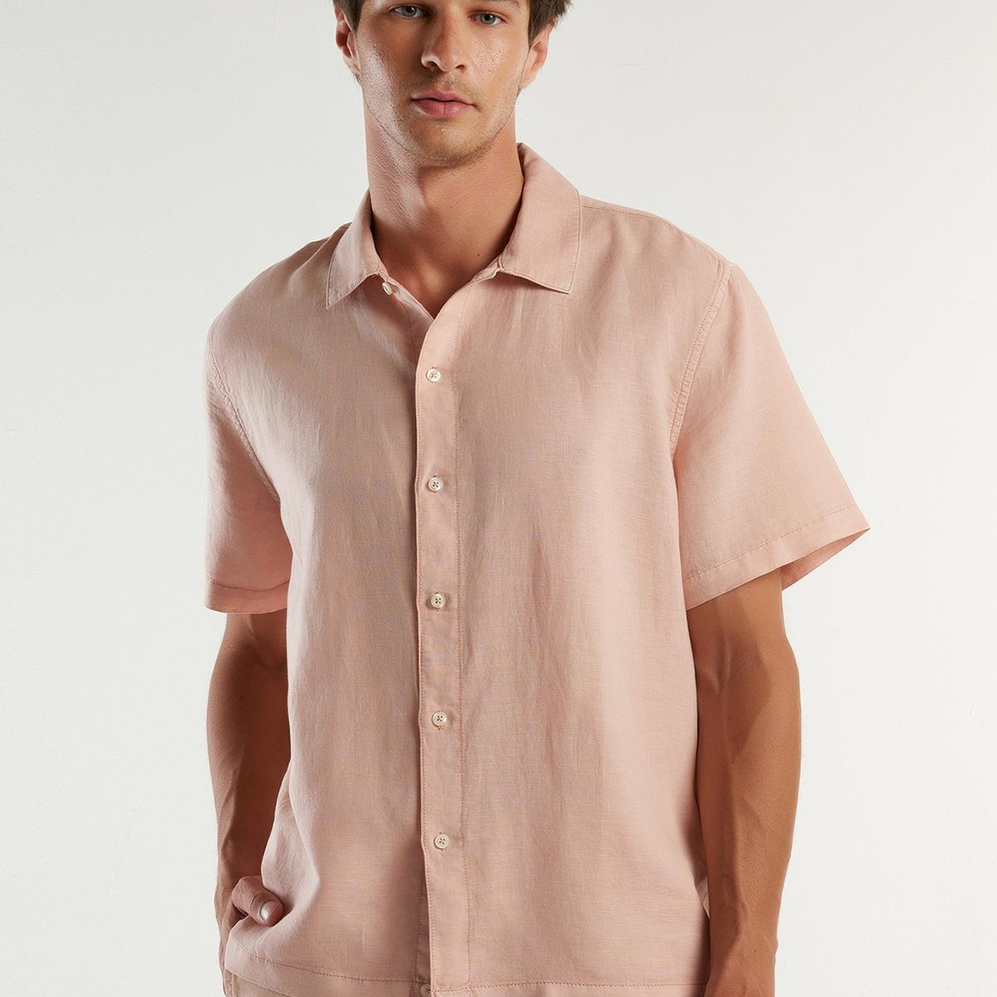 Erkek Taş Keten&Koton Karışımlı Kısa Kollu Regular Fit Gömlek