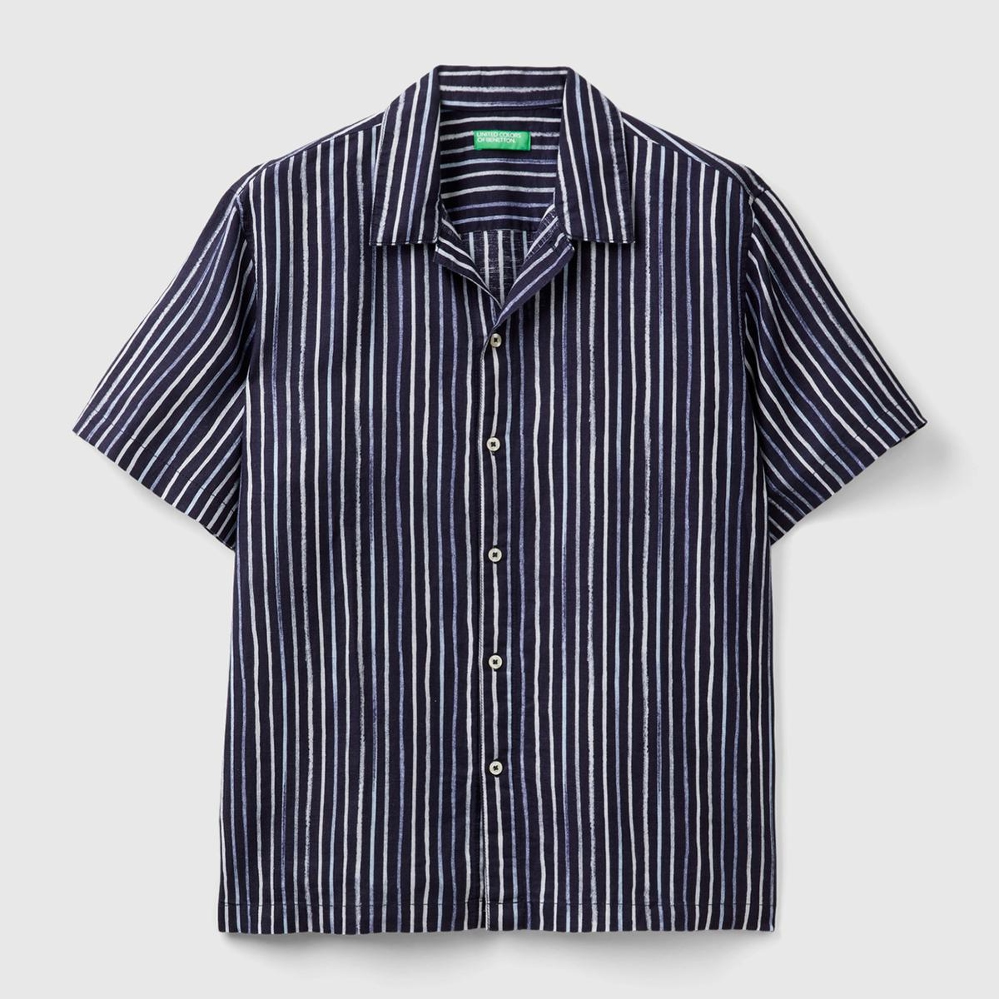 Erkek Koyu Mavi Keten Karışımlı Desenli Kısa Kollu Gömlek