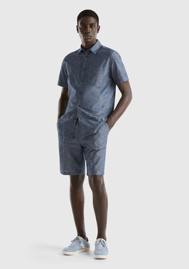  Erkek İndigo %100 Pamuk Önü Pileli Bermuda Şort