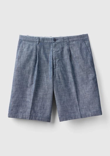  Erkek İndigo %100 Pamuk Önü Pileli Bermuda Şort
