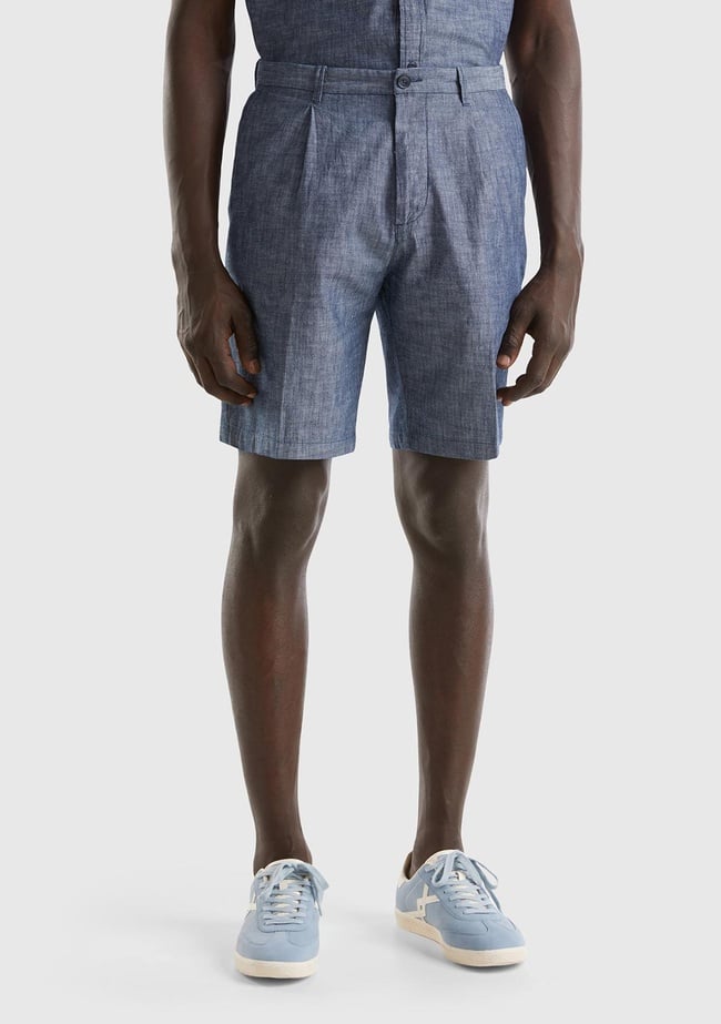  Erkek İndigo %100 Pamuk Önü Pileli Bermuda Şort