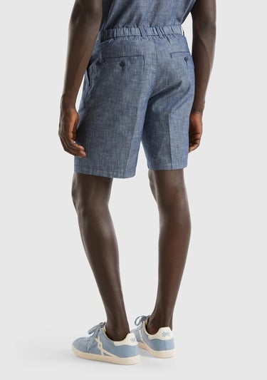  Erkek İndigo %100 Pamuk Önü Pileli Bermuda Şort