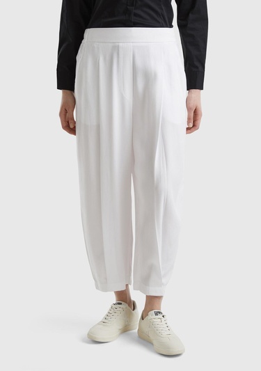  Kadın Beyaz %100 Liyosel Bol Kesim Beli Lastikli Pantolon