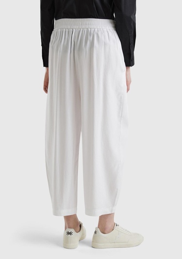  Kadın Beyaz %100 Liyosel Bol Kesim Beli Lastikli Pantolon