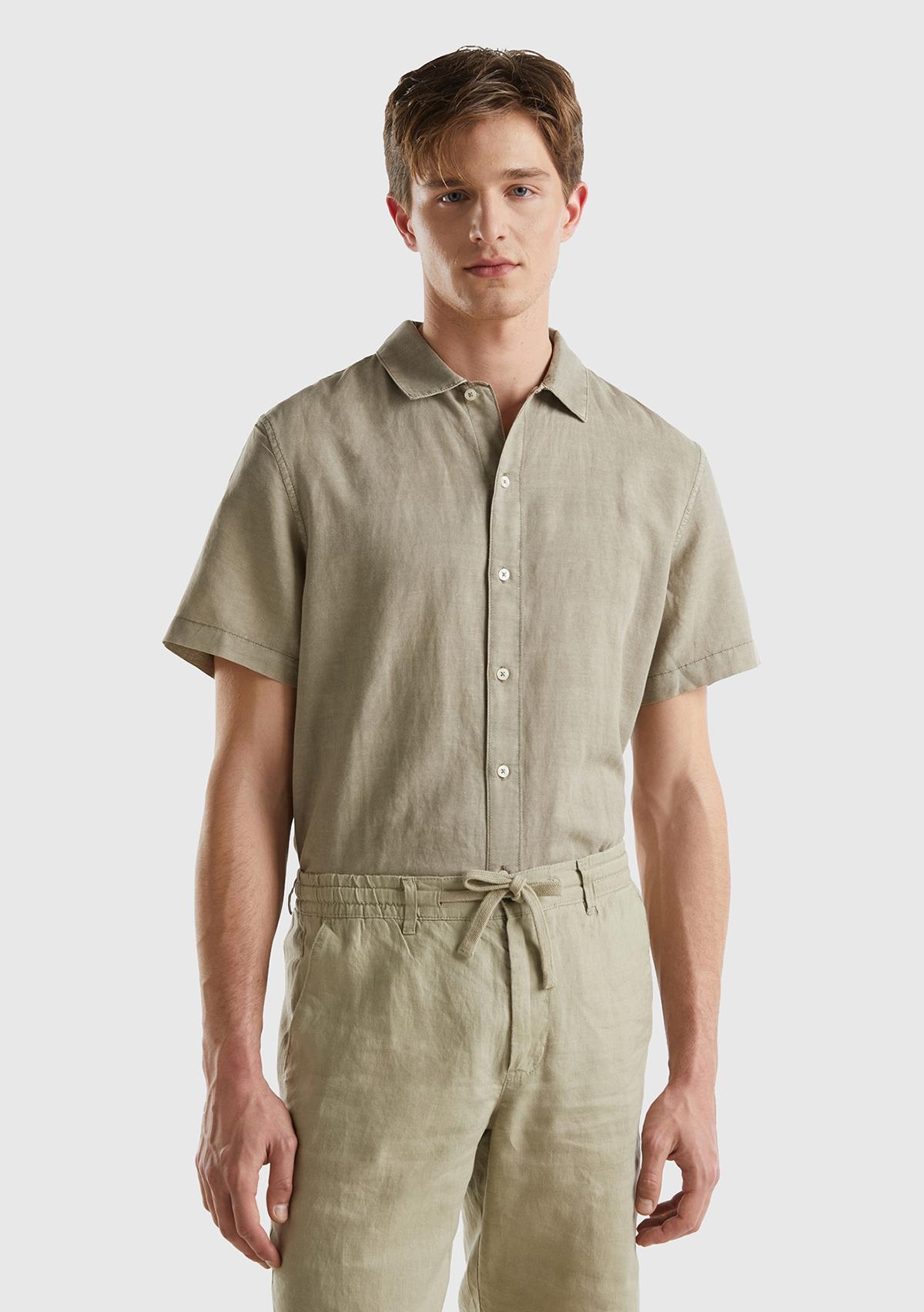  Erkek Haki Keten&Koton Karışımlı Kısa Kollu Regular Fit Gömlek