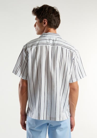  Erkek Beyaz Mix Keten Karışımlı Desenli Kısa Kollu Gömlek