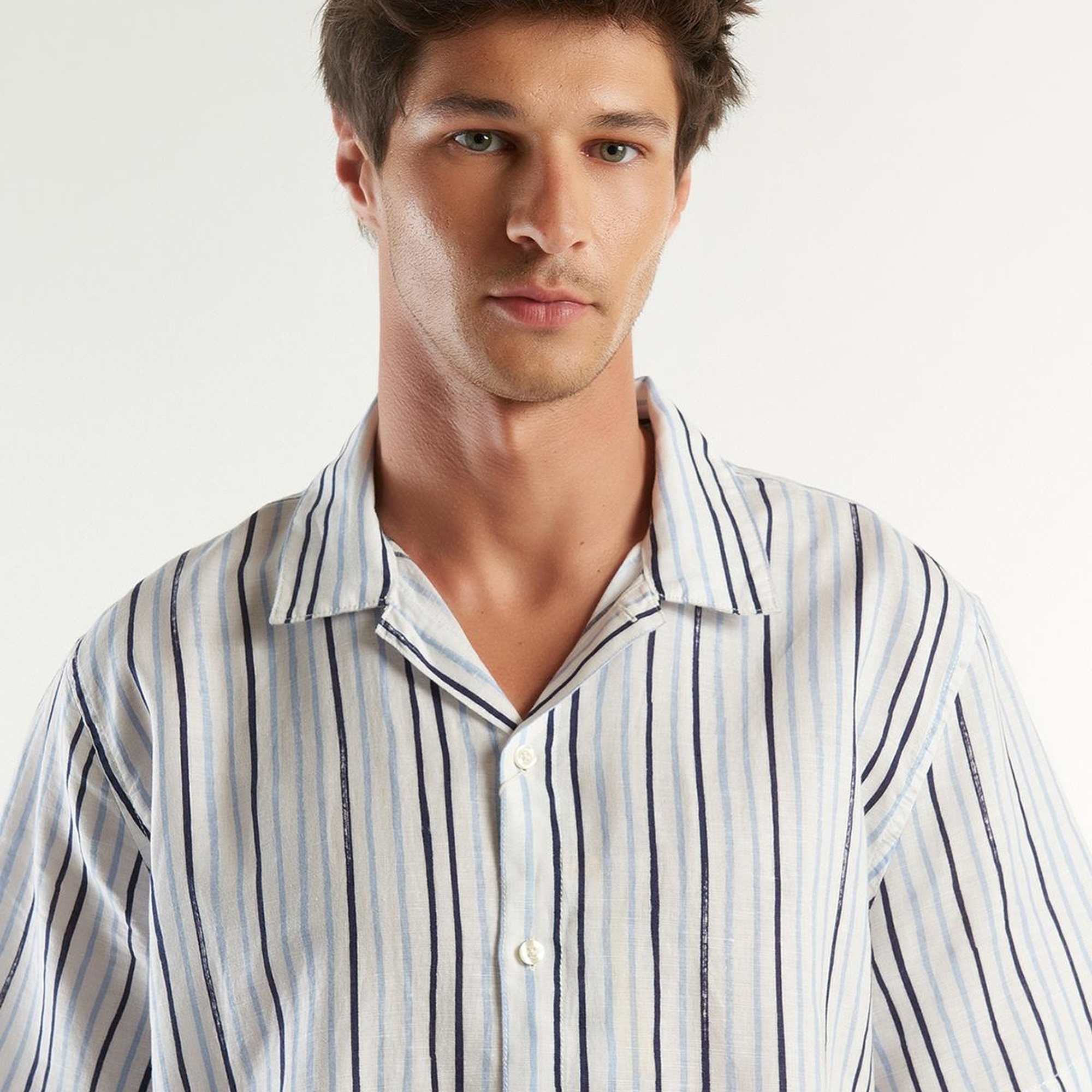 Erkek Beyaz Mix Keten Karışımlı Desenli Kısa Kollu Gömlek