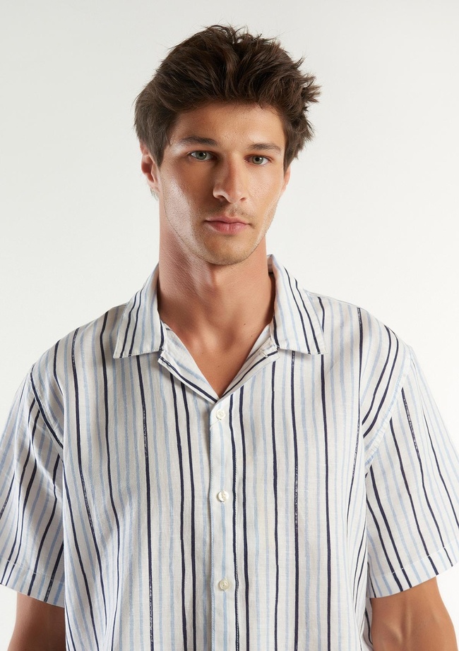  Erkek Beyaz Mix Keten Karışımlı Desenli Kısa Kollu Gömlek