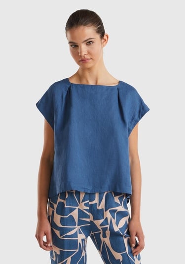 Kadın Gece Mavisi %100 Keten Arkası Uzun Kayık Yaka Crop Bluz