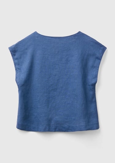  Kadın Gece Mavisi %100 Keten Arkası Uzun Kayık Yaka Crop Bluz
