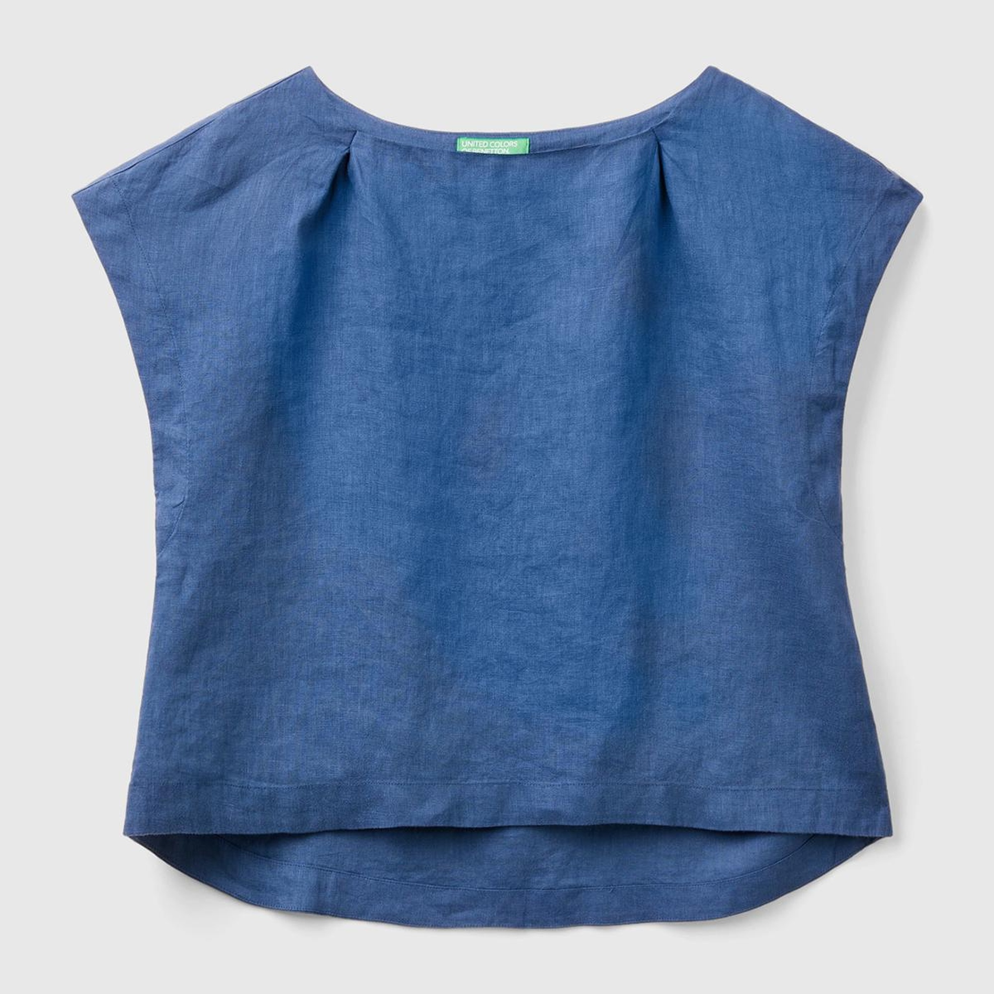 Kadın Gece Mavisi %100 Keten Arkası Uzun Kayık Yaka Crop Bluz