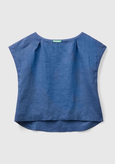  Kadın Gece Mavisi %100 Keten Arkası Uzun Kayık Yaka Crop Bluz