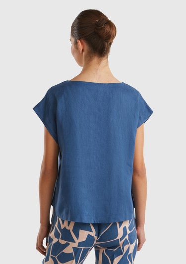  Kadın Gece Mavisi %100 Keten Arkası Uzun Kayık Yaka Crop Bluz