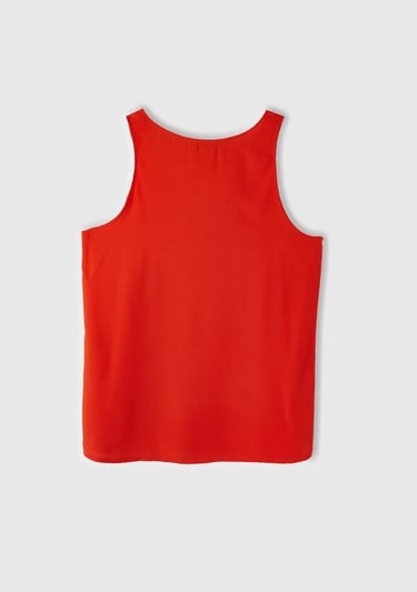  Kadın Nar Çiçeği %100 Viskoz Dekoratif Dikişli Geniş Bisiklet Yaka Kolsuz Bluz