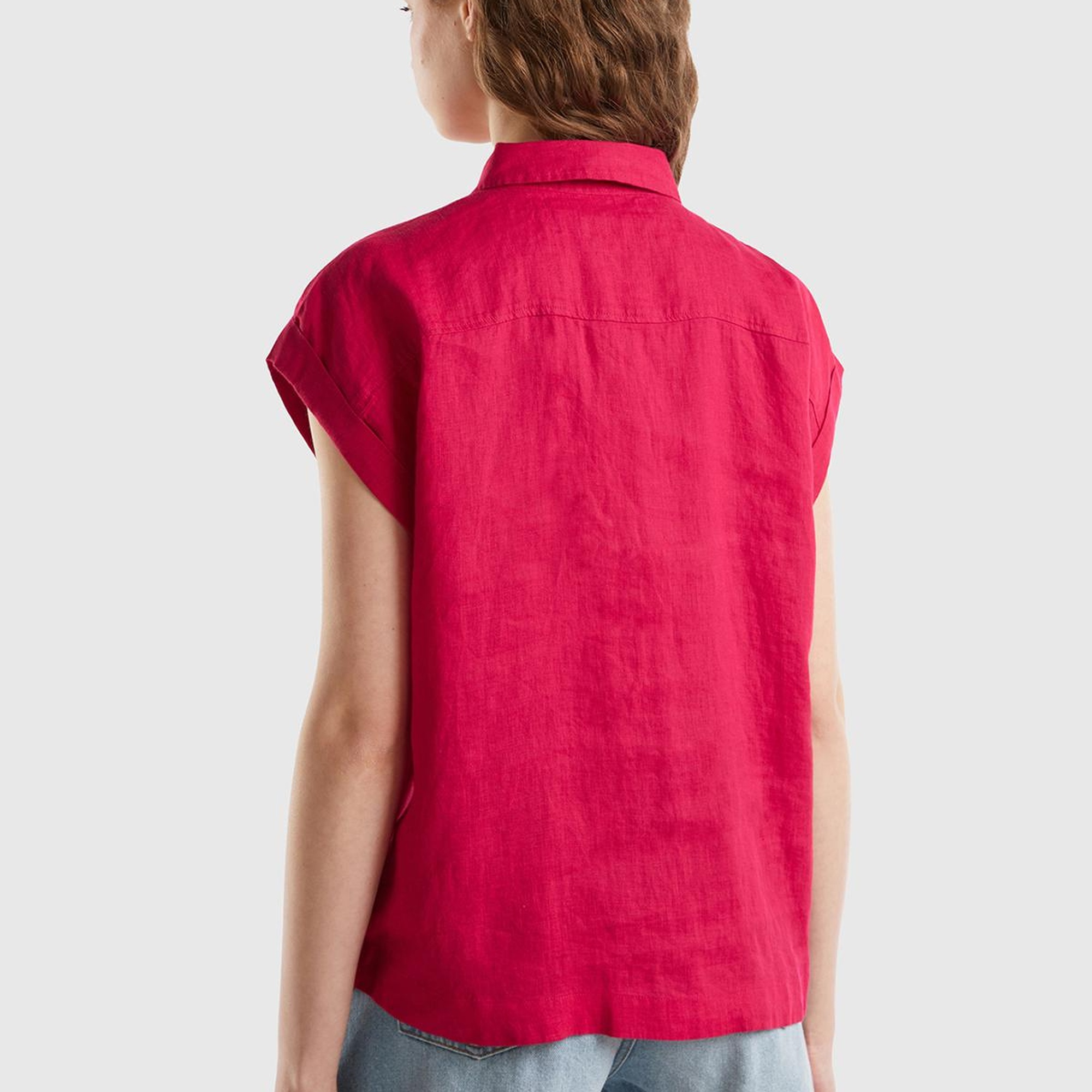 Kadın Fuşya %100 Keten Omuz Detaylı Kısa Kollu Gömlek