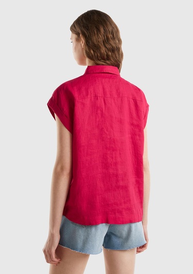  Kadın Fuşya %100 Keten Omuz Detaylı Kısa Kollu Gömlek