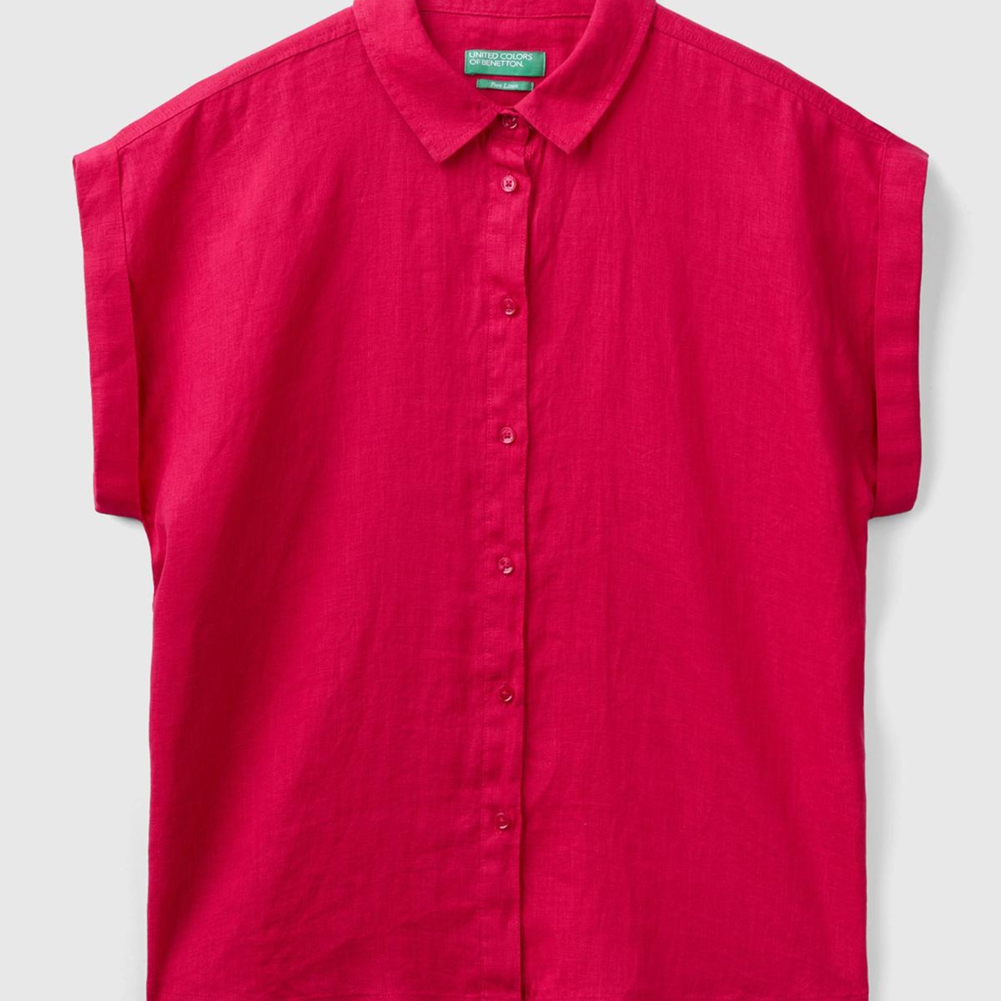 Kadın Fuşya %100 Keten Omuz Detaylı Kısa Kollu Gömlek