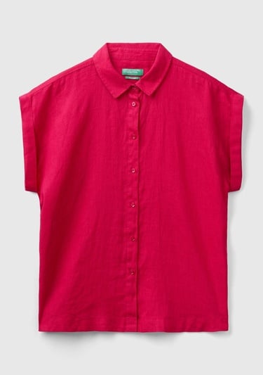  Kadın Fuşya %100 Keten Omuz Detaylı Kısa Kollu Gömlek