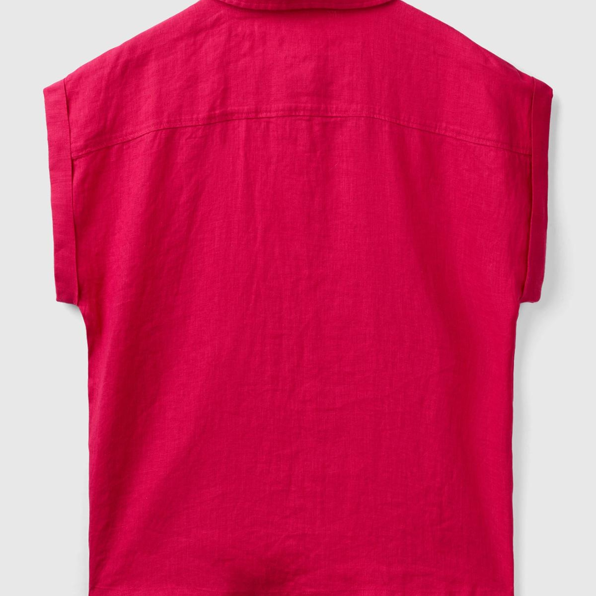 Kadın Fuşya %100 Keten Omuz Detaylı Kısa Kollu Gömlek
