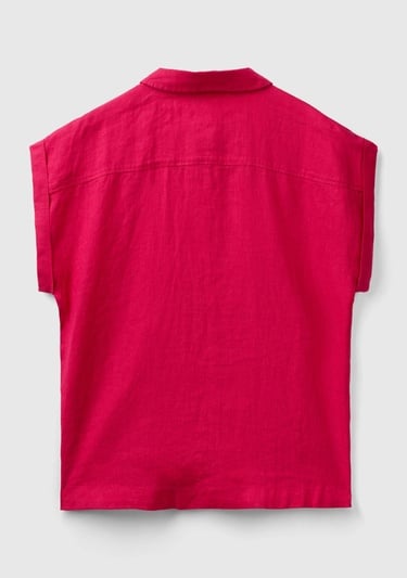  Kadın Fuşya %100 Keten Omuz Detaylı Kısa Kollu Gömlek
